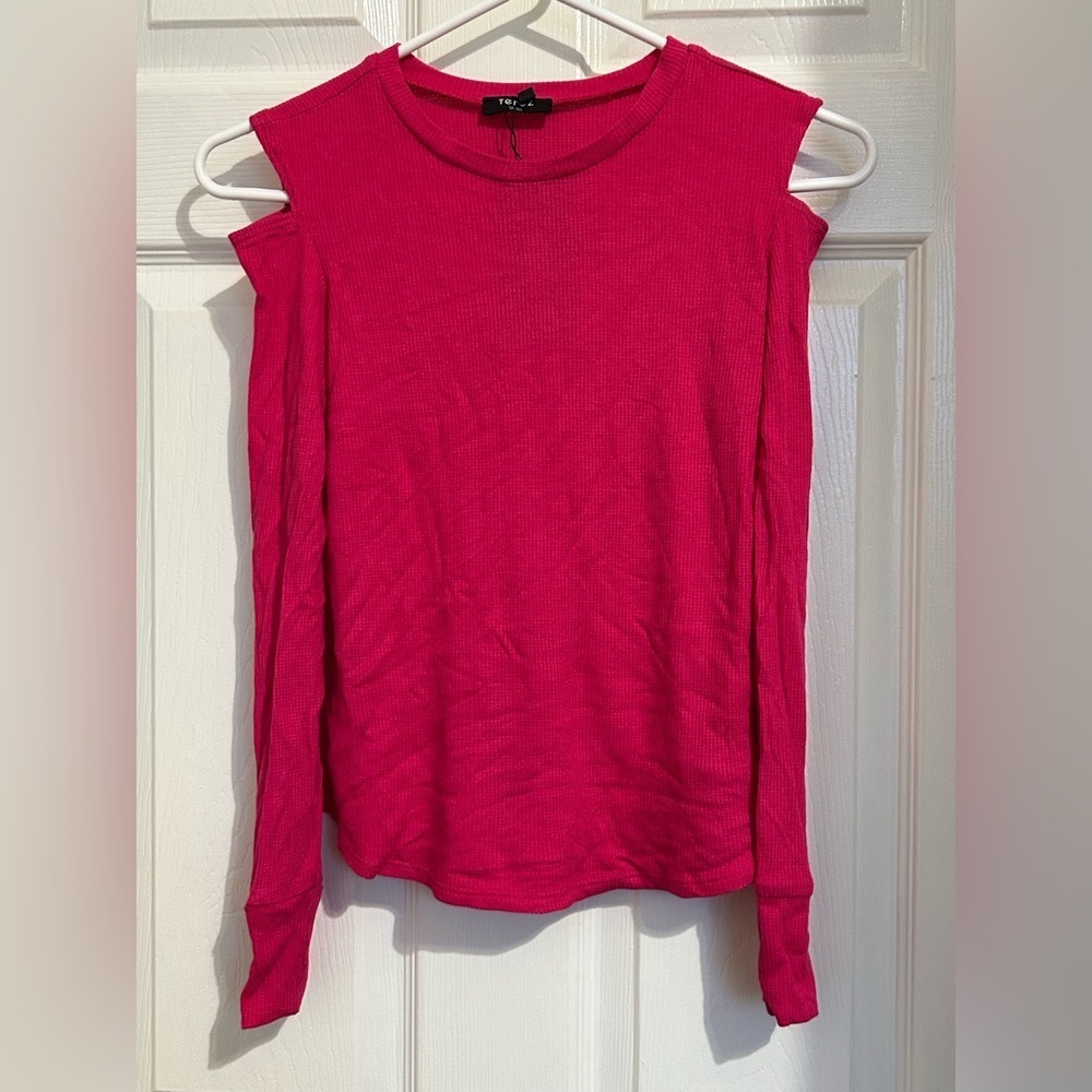 NWT Terez hot Barbie pink long sleeve waffle T girls size small shoulder cutout